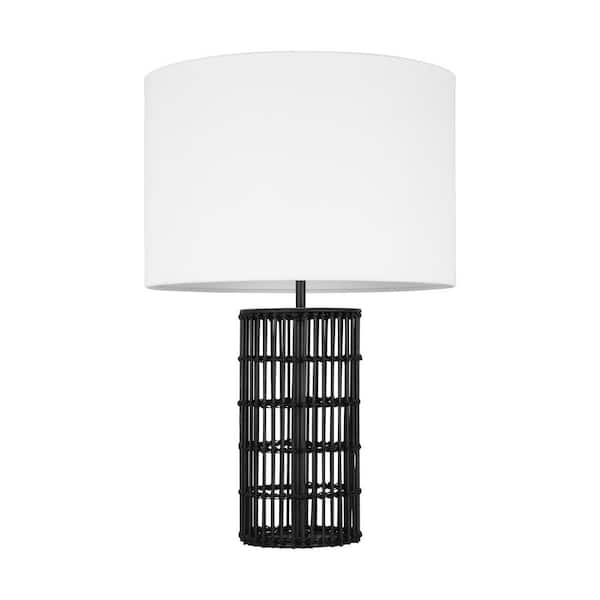Generation Lighting Elio 24.5 in. Aged Iron Table Lamp with Black Natural Bamboo Base, White Linen Fabric Shade and LED Light Bulb