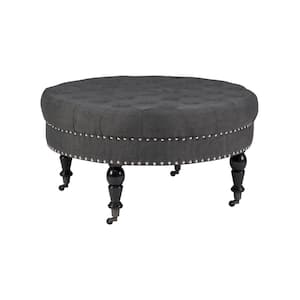 Isabelle Charcoal 34.5'' Round Tufted Ottoman with Turned Black Finished Legs