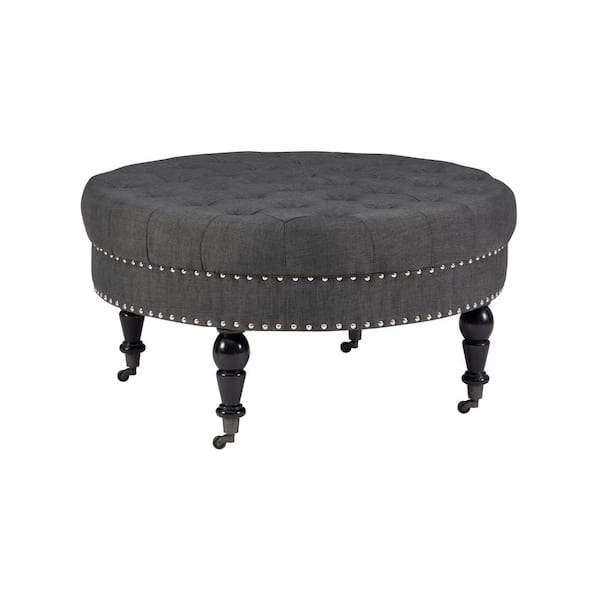 Linon Home Decor Isabelle Charcoal 34.5" Round Tufted Ottoman with Turned Black Finished Legs