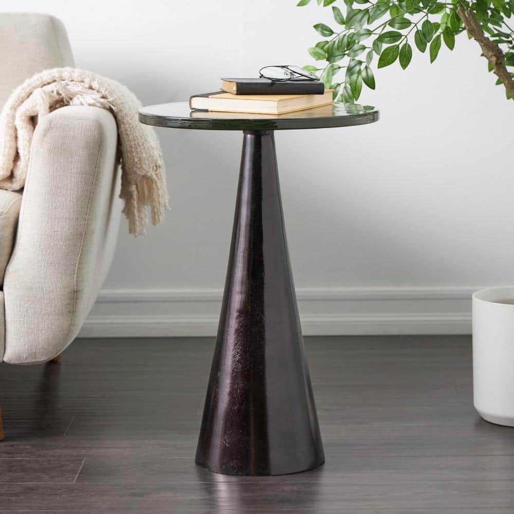 16 in. Black Cone Geometric Large Round Glass End Table with Textured Glass Tabletop price history on PriceWatchPro