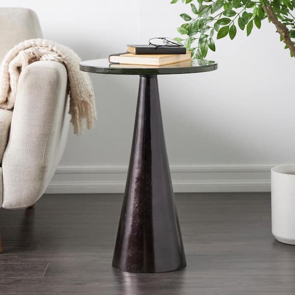 16 in. Black Cone Geometric Large Round Glass End Table with Textured Glass Tabletop