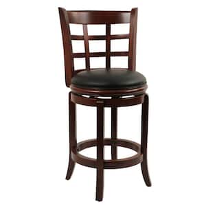 Sabi 37.5 in. Brown and Black Solid Wood Swivel Counter Stool With Faux Leather Seat