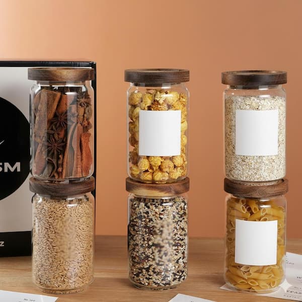 Glass Pantry Storage Jars 6-Piece Thicken Glass Canisters Set with Acacia Airtight Wood Lid and 132 Pantry Labels