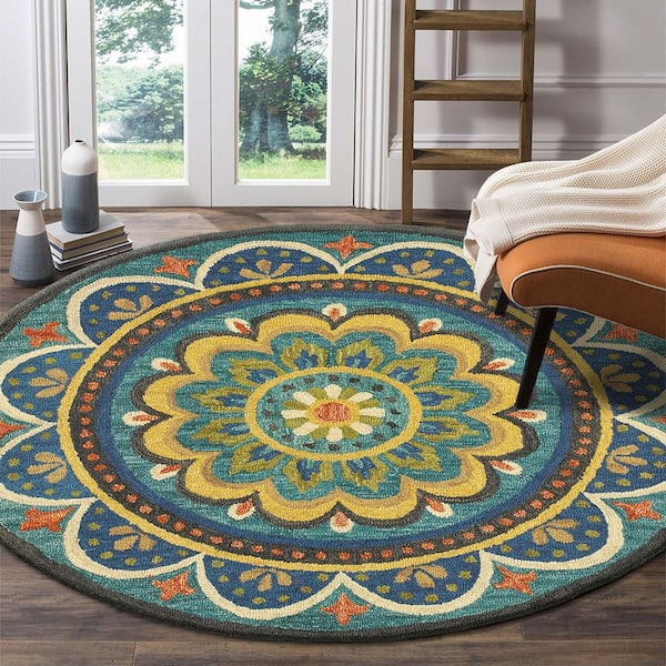 Daliah Teal/Multicolor 5 ft. Round Contemporary Hand-Tufted Floral Wool Indoor Area Rug