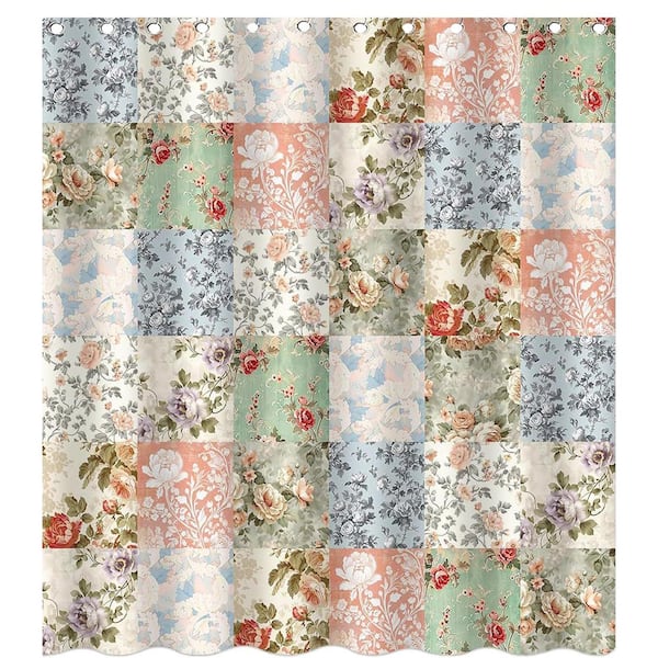 Boho Shower Curtain Floral Patchwork Bath Curtain with 12 Hooks Mid-Century Retro Decor 72 X 72 Inch Pink Microfiber