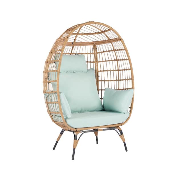 Zeus & Ruta Wicker Egg Chair, Oversized Indoor Outdoor Lounge Chair for Patio, Backyard, Living Room with 5 Light Blue Cushions