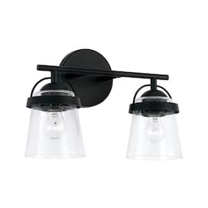 14 in. W x 9.5 in. H 2-Light Vanity Light in Matte Black with Clear Seeded Glass