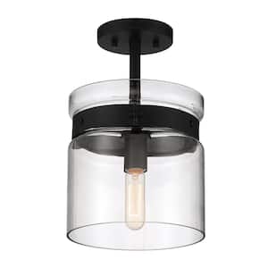 Midnight LA 9 in. 1-Light Matte Black Semi Flush Mount Ceiling Light with Clear Glass Dual Shade