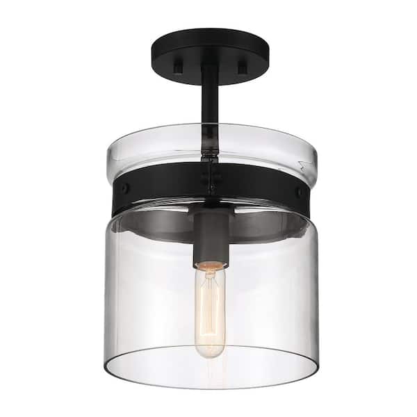 Mighlight LA 9 in. 1-Light Matte Black Glam Entryway Semi-Flush Mount with Clear Glass Shade