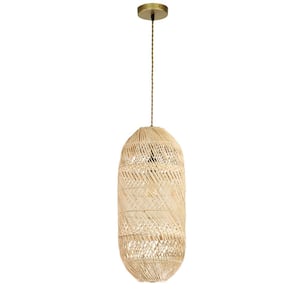 Maya 1-Light Natural Rattan 48-Watt Pendant Light Large Coastal Hanging Light With Handmade Shade in Brass Finish