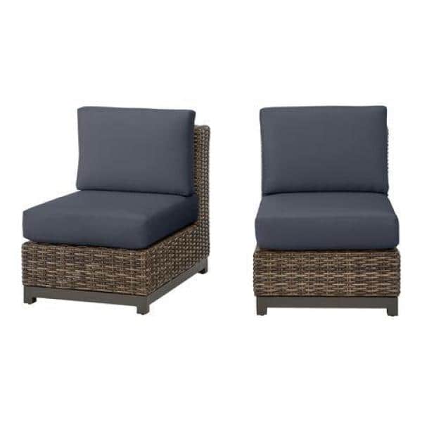 Hampton Bay Fernlake Brown Wicker Armless Middle Outdoor Patio Sectional Chair with CushionGuard Sky Blue Cushions (2-Pack)