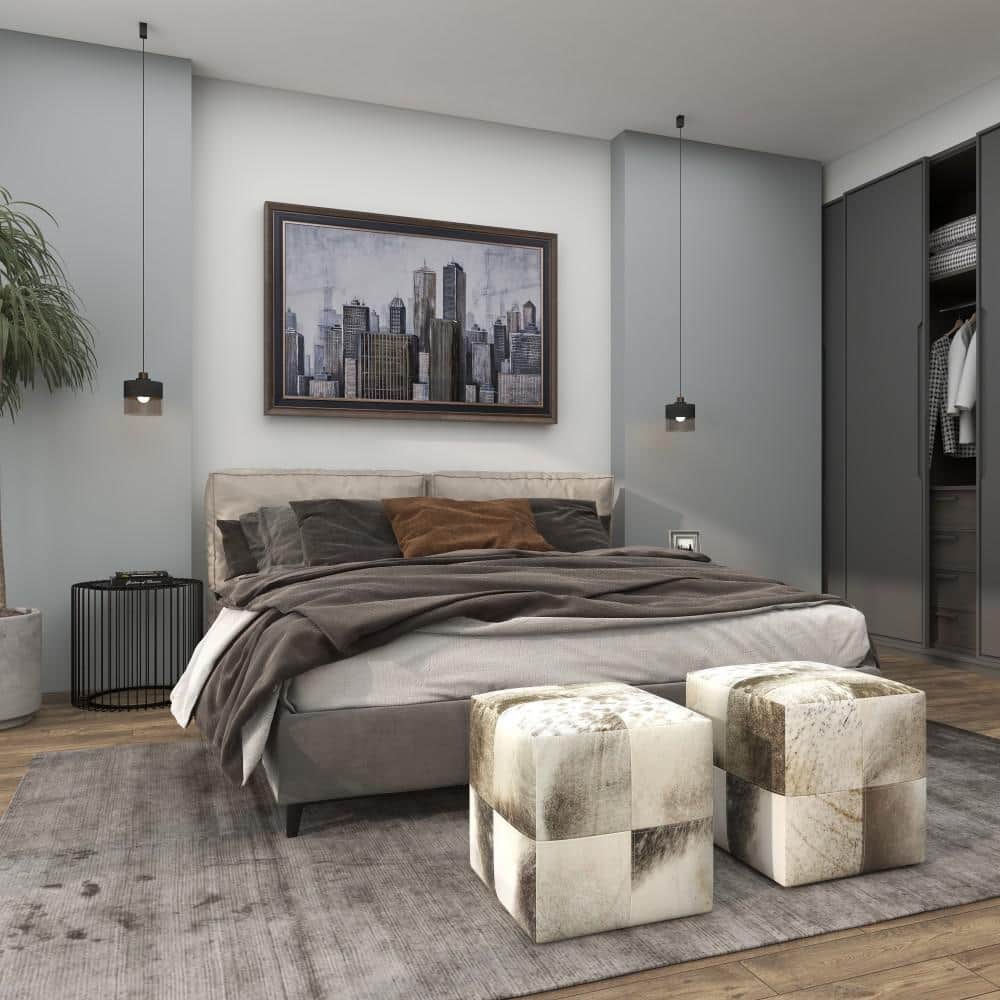 Contemporary Gray Cowhide Patchwork Pouf Ottoman, 16" Cube