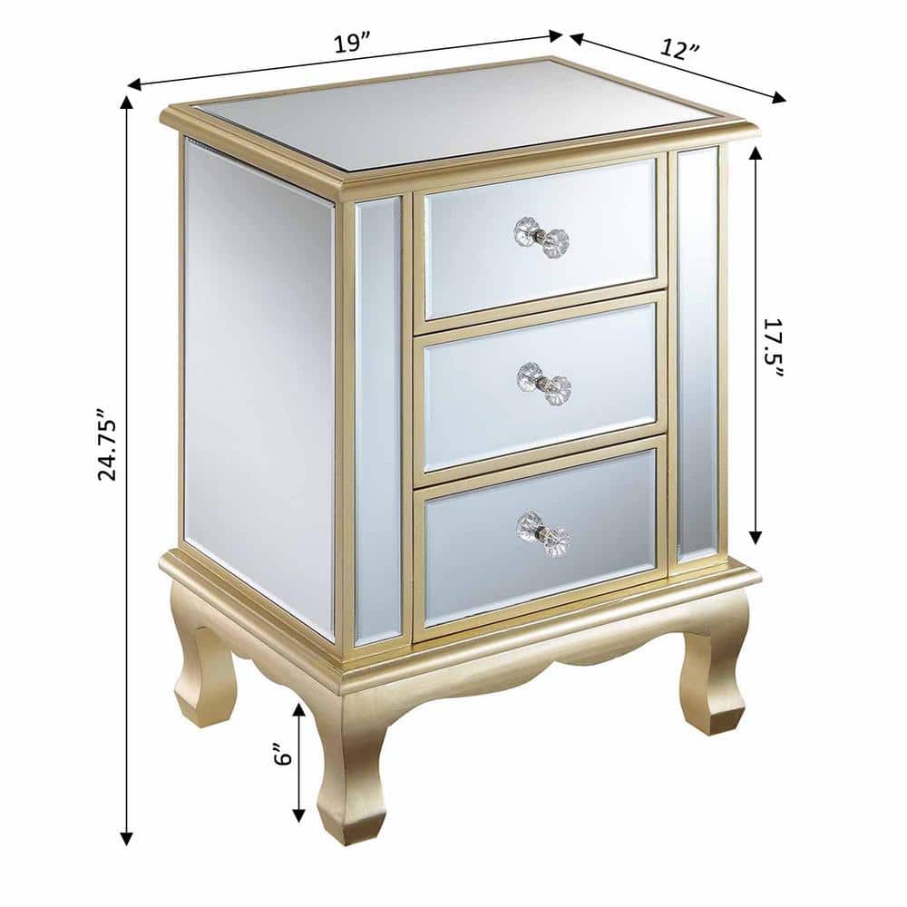 Gold Coast White Wood Mirrored Glass 3-Drawer End Table