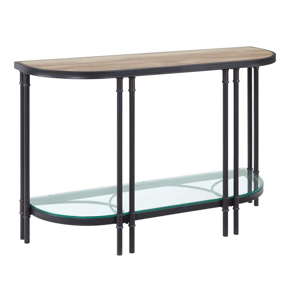 Oak Wood Grain & Sandy Black Metal Demilune Console Table with Glass Shelf