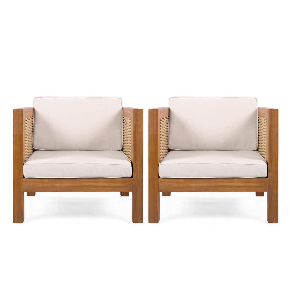 Taven Teak Solid Wood Outdoor Lounge Chair with Beige Cushion and Wicker Armrest, Set of 2 price history on PriceWatchPro
