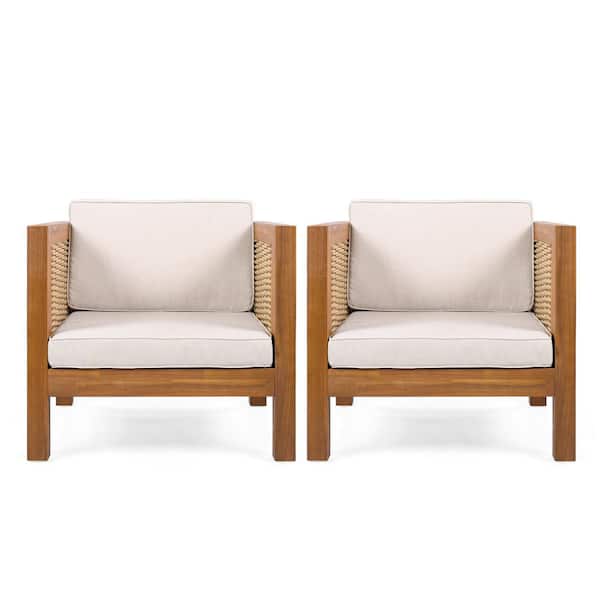 Taven Teak Solid Wood Outdoor Lounge Chair with Beige Cushion and Wicker Armrest, Set of 2