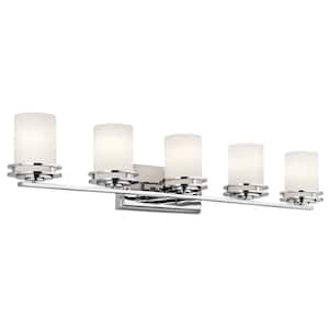 Hendrik 43 in. 5-Light Chrome Contemporary Bathroom Vanity Light with Etched Glass Shade