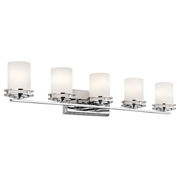 KICHLER Hendrik 43 in. 5-Light Chrome Contemporary Bathroom Vanity Light with Etched Glass Shade