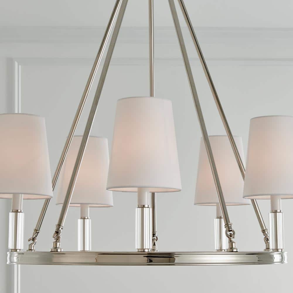 Polished Nickel 5-Light Chandelier with White Fabric Shades