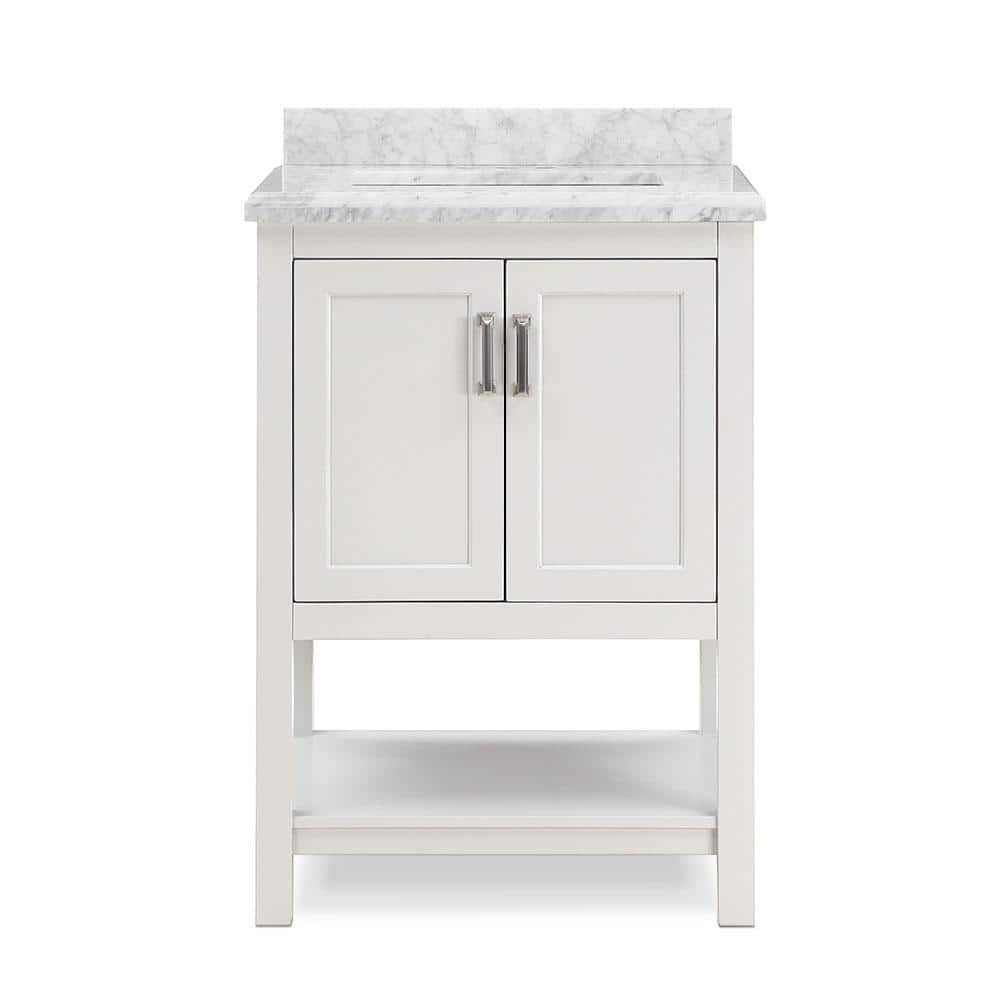 White Pine and Carrara Marble Single Sink Bathroom Vanity