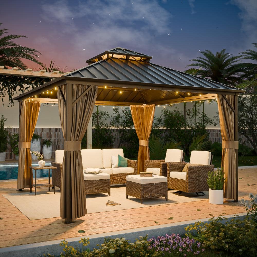 Shade Graphix 12 ft. x 12 ft. Metal Double-Roof Hardtop Gazebo Galvanized Top 2-Tier Aluminum Frame w/ Zippered Curtain and Netting