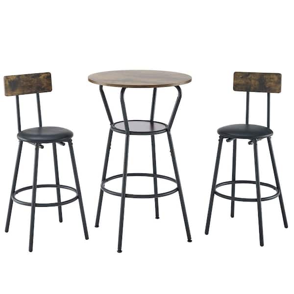 Outdoor Living Rustic Brown Wooden Double Layer Bar Table Set with 2 Upholstered Bar Stools and Black Iron Frame