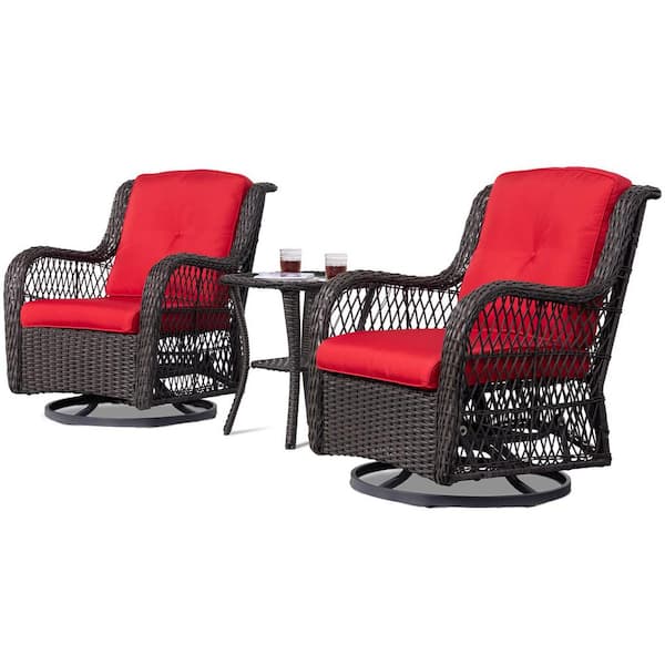 Unbranded Brown 3-Piece Wicker Swivel Outdoor Rocking Chair with Premium, Soft Fabric, Red Cushions and Matching Side Table