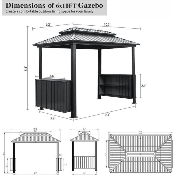 ピーチ様 6 ft. x 10 ft. Gray Hardtop Gazebo Grill Canopy with Double