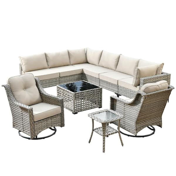 Holston 10-Piece Wicker Modern Outdoor Patio Conversation Sofa Sectional Set with Swivel Chairs and Beige Cushions