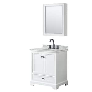 Deborah 30 in. W x 22 in. D x 35 in. H Single Bath Vanity in White with White Carrara Marble Top & Med Cab Mirror