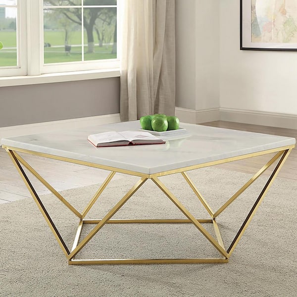 Meryl 36 in. White and Gold Square Faux Marble Coffee Table