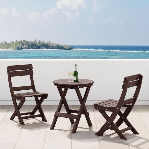 Laguna 3-Piece All Weather HDPE Plastic Outdoor Patio Rust Free Folding Bistro Dining Set, Dark Brown