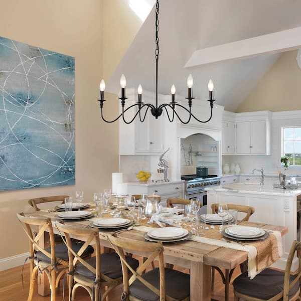 6-Light Black Rustic Candlestick Linear Chandelier Lighting for Dining Room Kitchen Island with No Bulbs Included