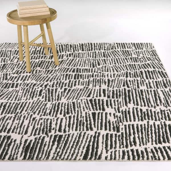 Kuzman Cream/Black 8 ft. x 10 ft. Modern Textured Stripe Area Rug