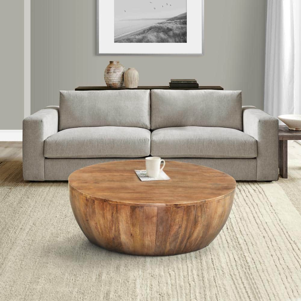 Distressed Brown Mango Wood Round Drum Coffee Table