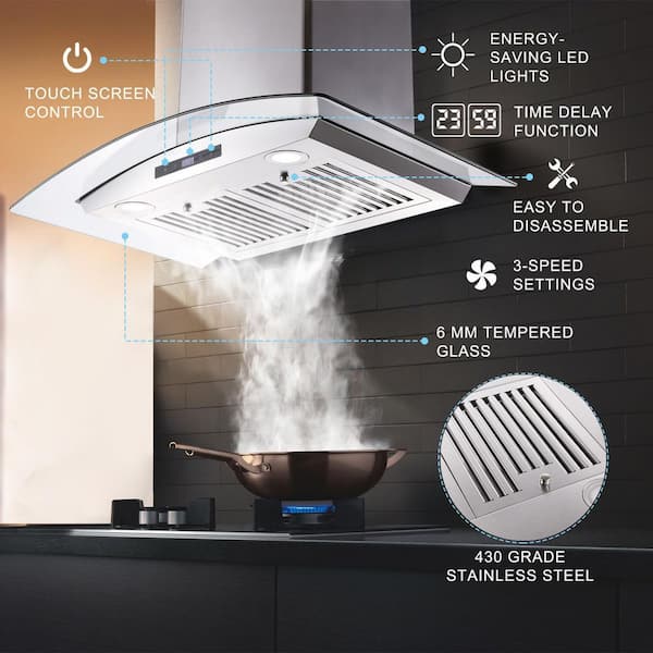 Tieasy Wall Mount Range Hood 30 inch with Ducted/Ductless Convertible Duct,  Stainless Steel Chimney-Style Over Stove Vent Hood with LED Light, 3 Speed
