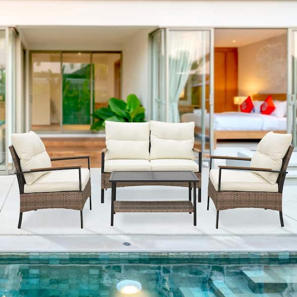 EAGLE PEAK 4-Piece Wicker Patio Conversation Set with Beige Cushions