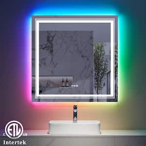 36 in. W x 36 in. H Square Frameless RGB Backlit & LED Frontlit Anti-Fog Tempered Glass Wall Bathroom Vanity Mirror
