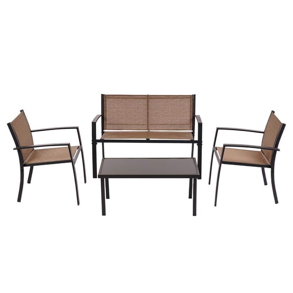Brown 4-Piece Metal Patio Conversation Sets Poolside Lawn Chairs with Tempe