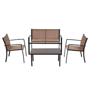Brown 4-Piece Metal Patio Conversation Sets Poolside Lawn Chairs with Tempered Glass Coffee Table