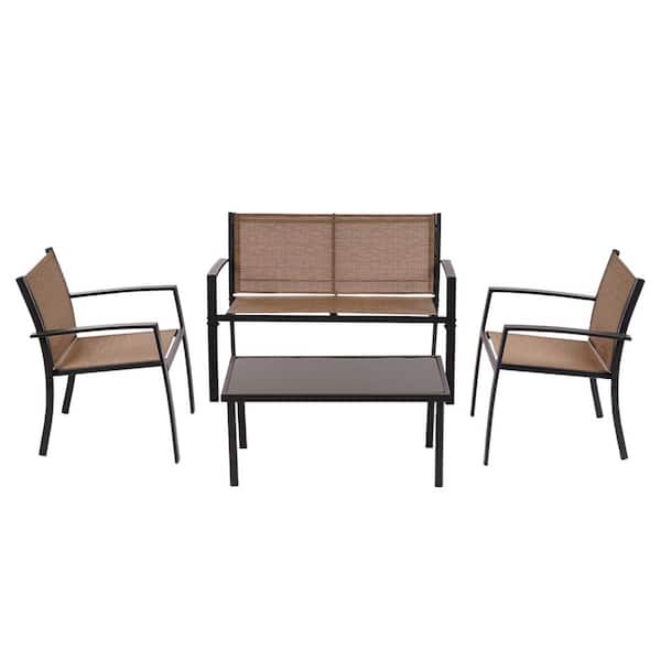 Unbranded Brown 4-Piece Metal Patio Conversation Sets Poolside Lawn Chairs with Tempered Glass Coffee Table