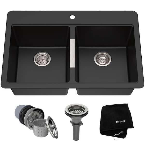 KRAUS Quarza Black Onyx 33 Inch Drop-in / Undermount 50/50 Double Bowl Granite Kitchen Sink
