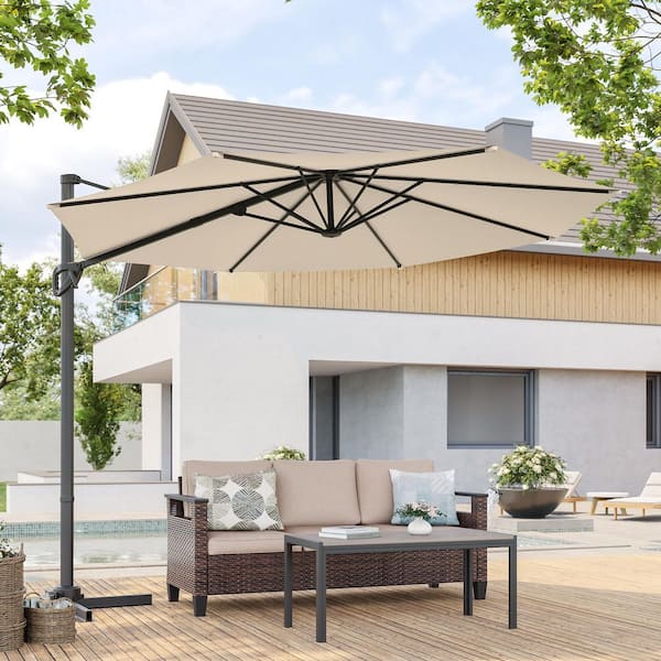 Sonkuki 10 ft. Round 360-Degree Rotation Cantilever Offset Outdoor Patio Umbrella in Beige
