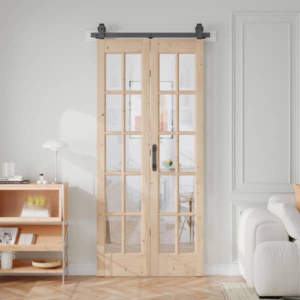 36 in. x 84 in. 1-Lite Pre Assembled Clear Glass Solid Core Wood Brown Bi-Fold Door with Hardware