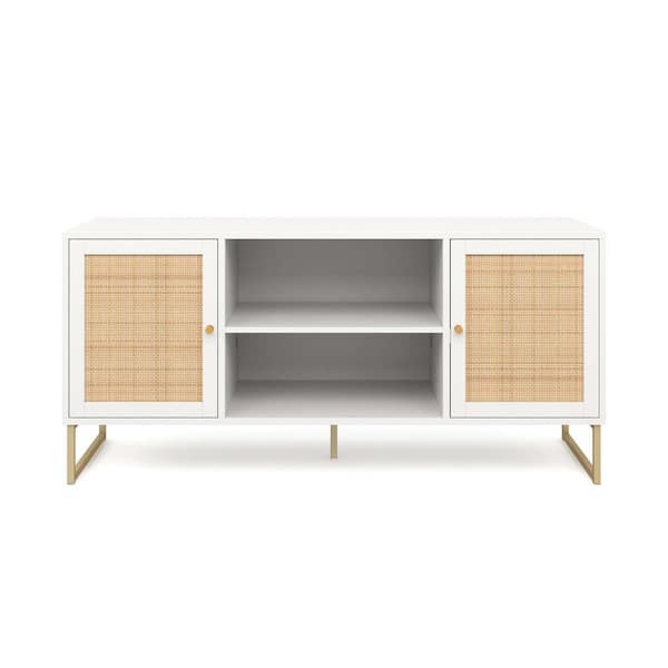 Nathan James Mina 47 in. White/Gold TV Stand Entertainment Cabinet Media Console with Rattan Storage Doors Fits TVs Up to 55 in.