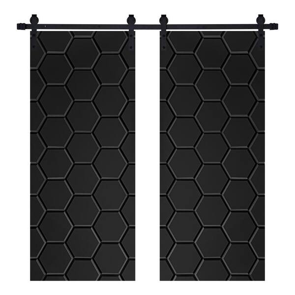 AIOPOP HOME Modern Honeycomb Designed 48 in. x 80 in. MDF Panel Black Painted Double Sliding Barn Door with Hardware Kit