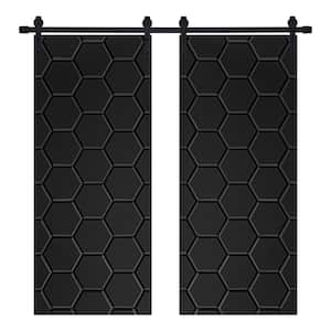Modern Honeycomb Designed 64 in. x 80 in. MDF Panel Black Painted Double Sliding Barn Door with Hardware Kit