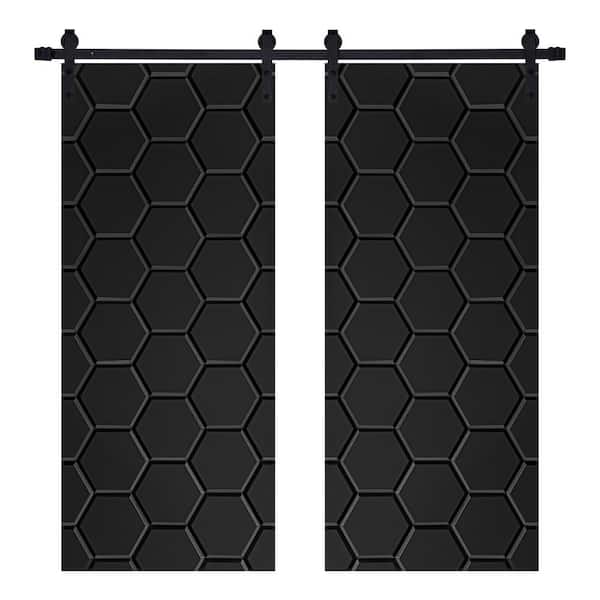 AIOPOP HOME Modern Honeycomb Designed 64 in. x 80 in. MDF Panel Black Painted Double Sliding Barn Door with Hardware Kit