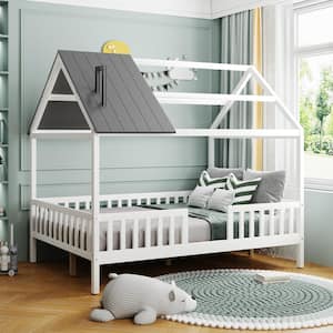 White and Gray Full Size Wood House Platform Bed with Chimney and Fence Rails