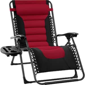 Oversized Padded Zero Gravity Burgundy Red Metal Reclining Outdoor Lawn Chair w/Side Tray